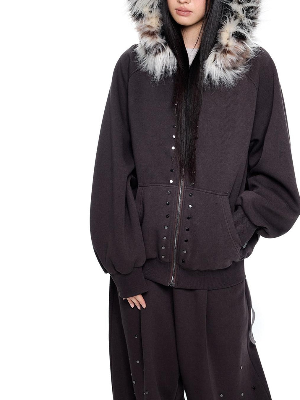 EZEK Chocolate Studded Detachable Fur Collar Women's Cotton Blend Zip-up Hoodies