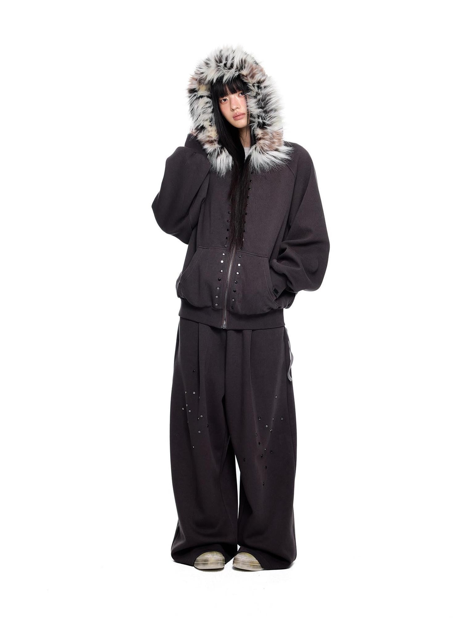 EZEK Chocolate Studded Detachable Fur Collar Women's Cotton Blend Zip-up Hoodies