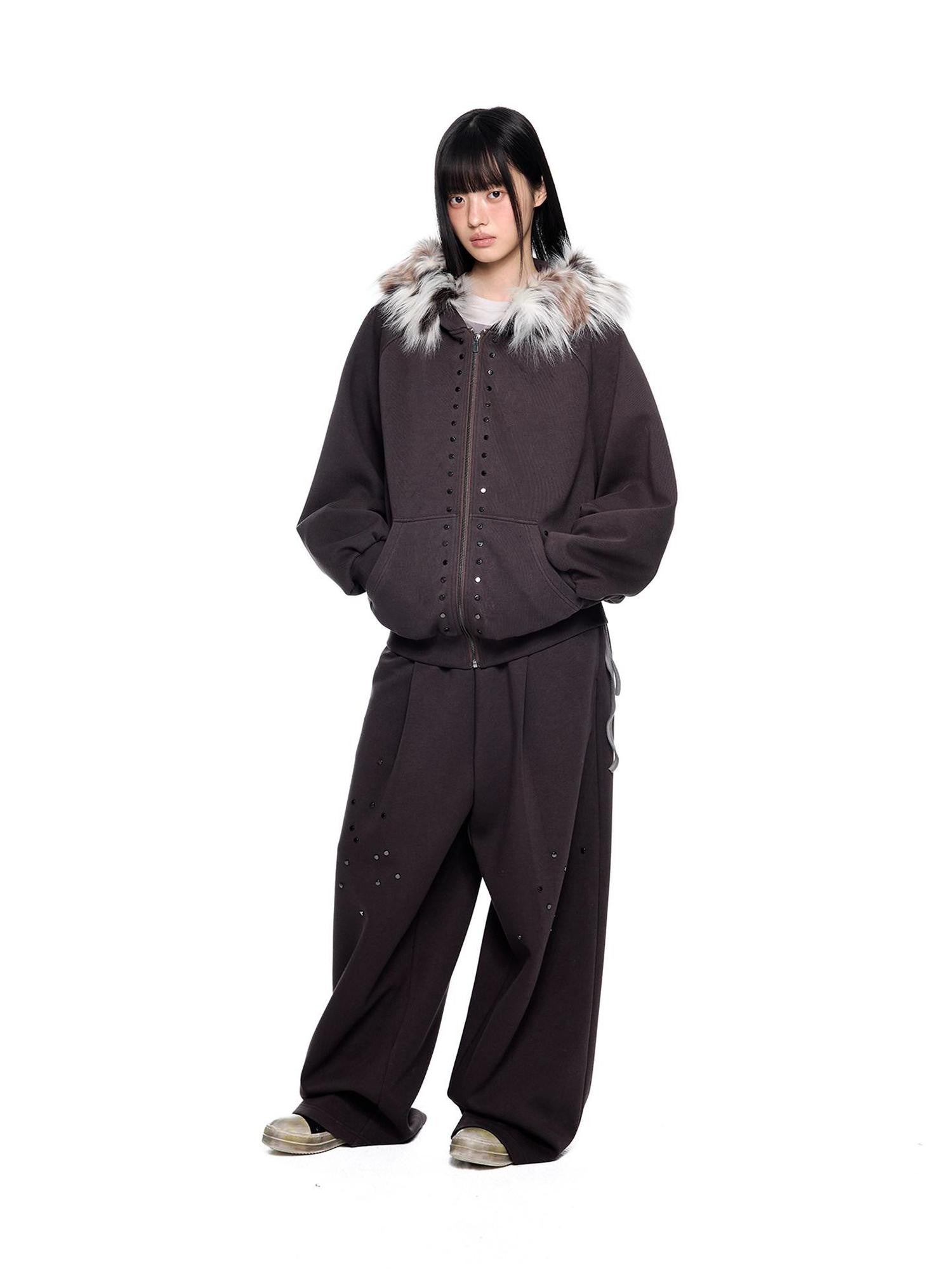 EZEK Chocolate Studded Detachable Fur Collar Women's Cotton Blend Zip-up Hoodies