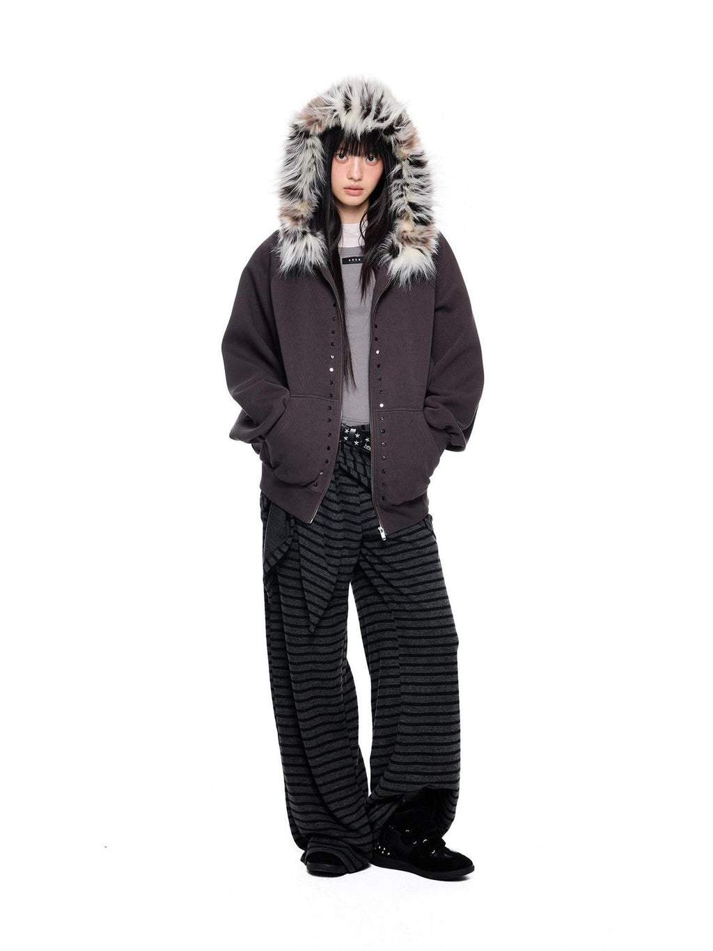 EZEK Chocolate Studded Detachable Fur Collar Women's Cotton Blend Zip-up Hoodies