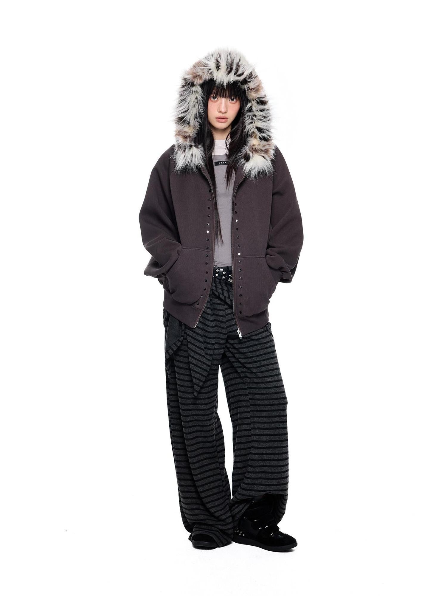 EZEK Chocolate Studded Detachable Fur Collar Women's Cotton Blend Zip-up Hoodies