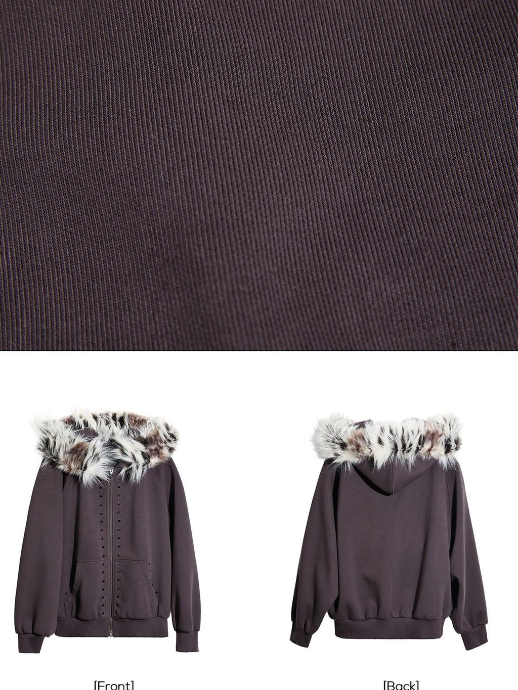 EZEK Chocolate Studded Detachable Fur Collar Women's Cotton Blend Zip-up Hoodies