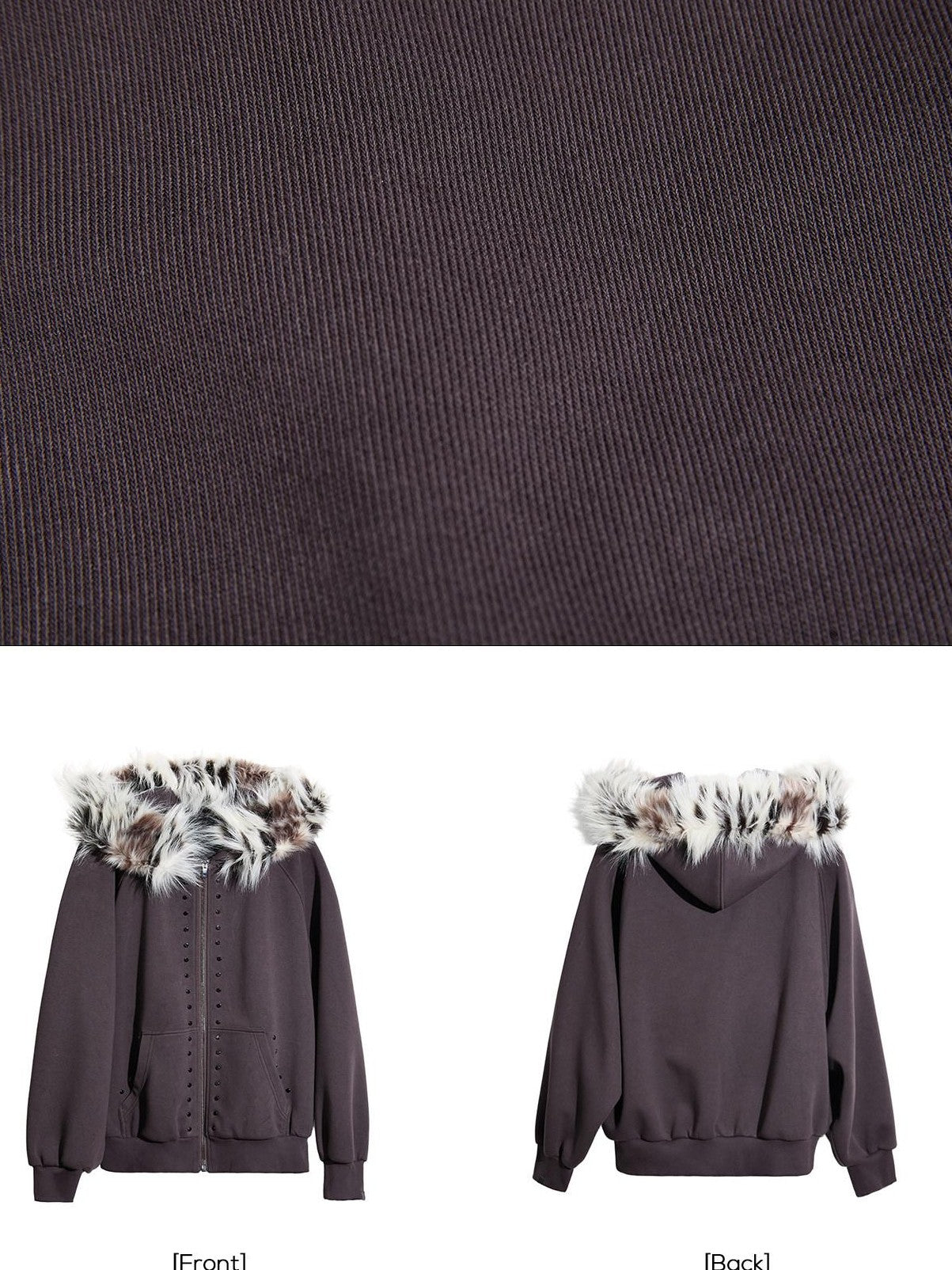 EZEK Chocolate Studded Detachable Fur Collar Women's Cotton Blend Zip-up Hoodies