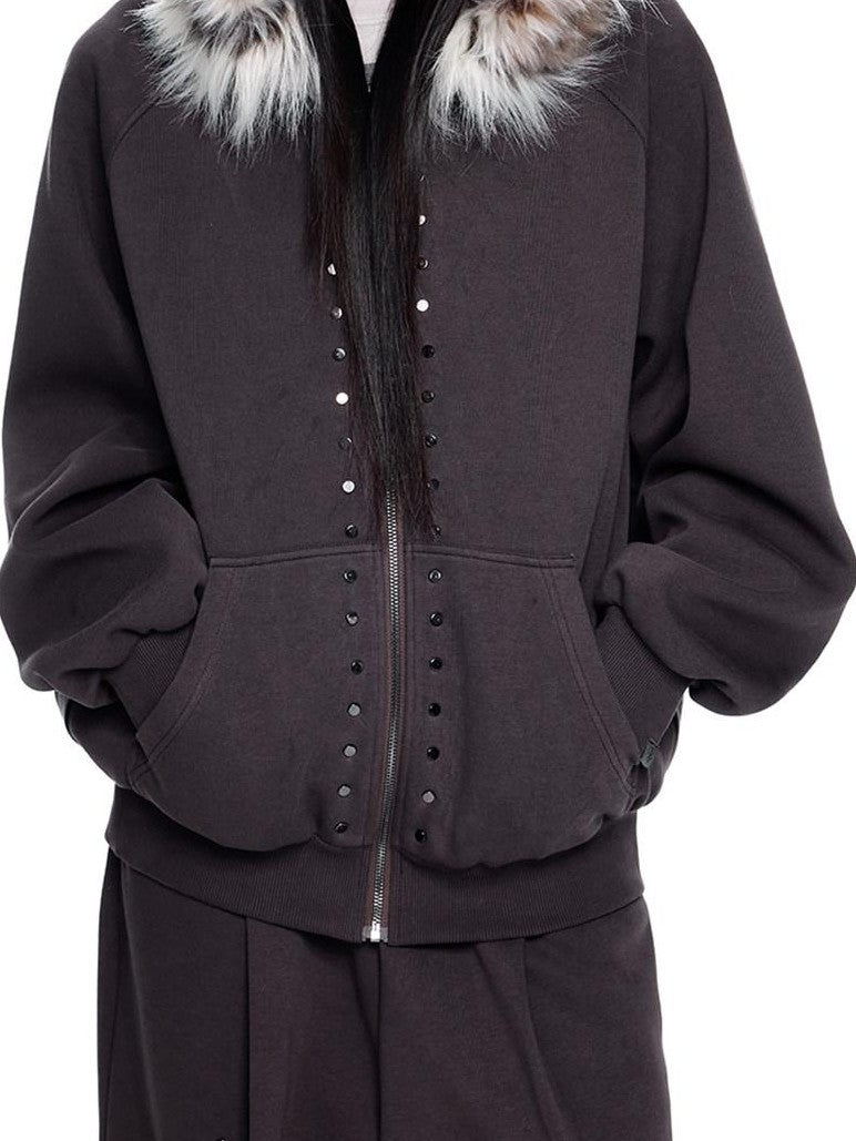 EZEK Chocolate Studded Detachable Fur Collar Women's Cotton Blend Zip-up Hoodies