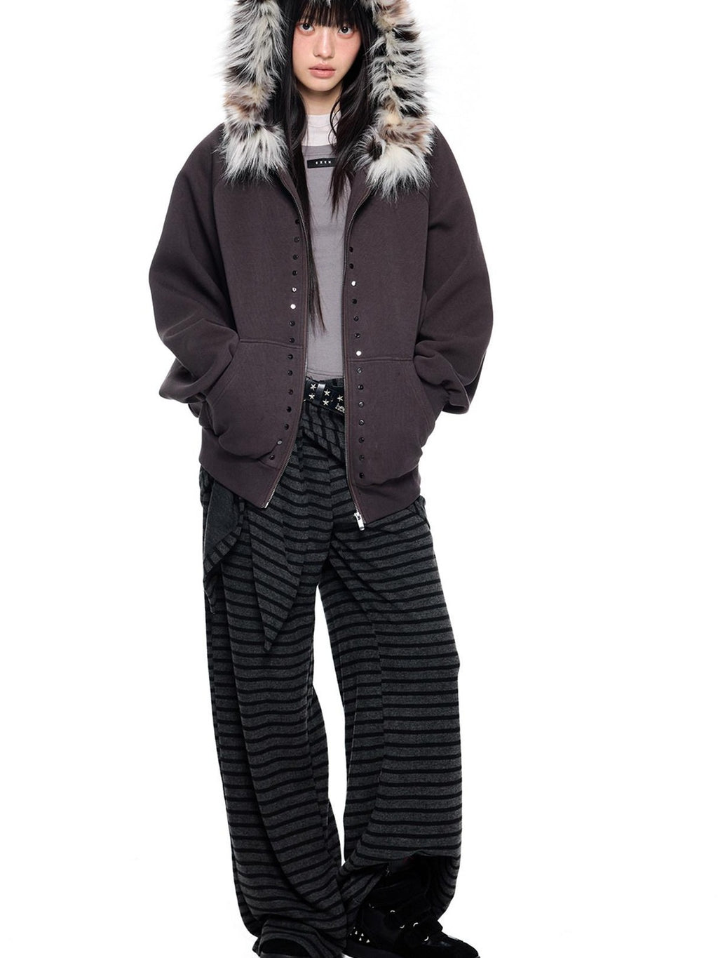 EZEK Chocolate Studded Detachable Fur Collar Women's Cotton Blend Zip-up Hoodies
