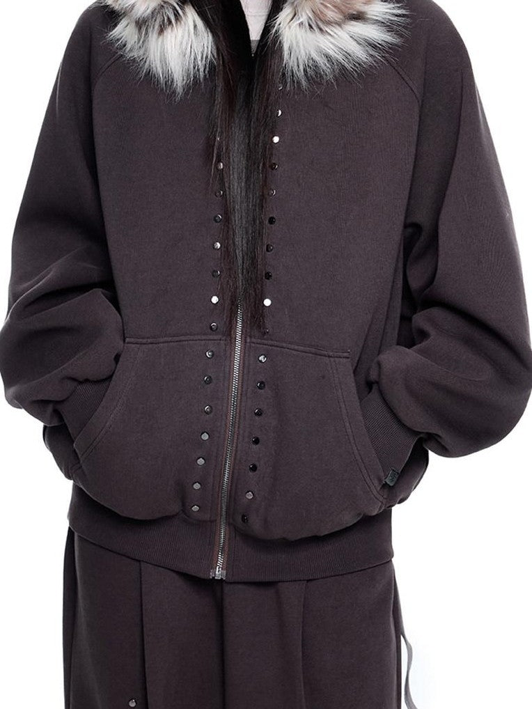 EZEK Chocolate Studded Detachable Fur Collar Women's Cotton Blend Zip-up Hoodies