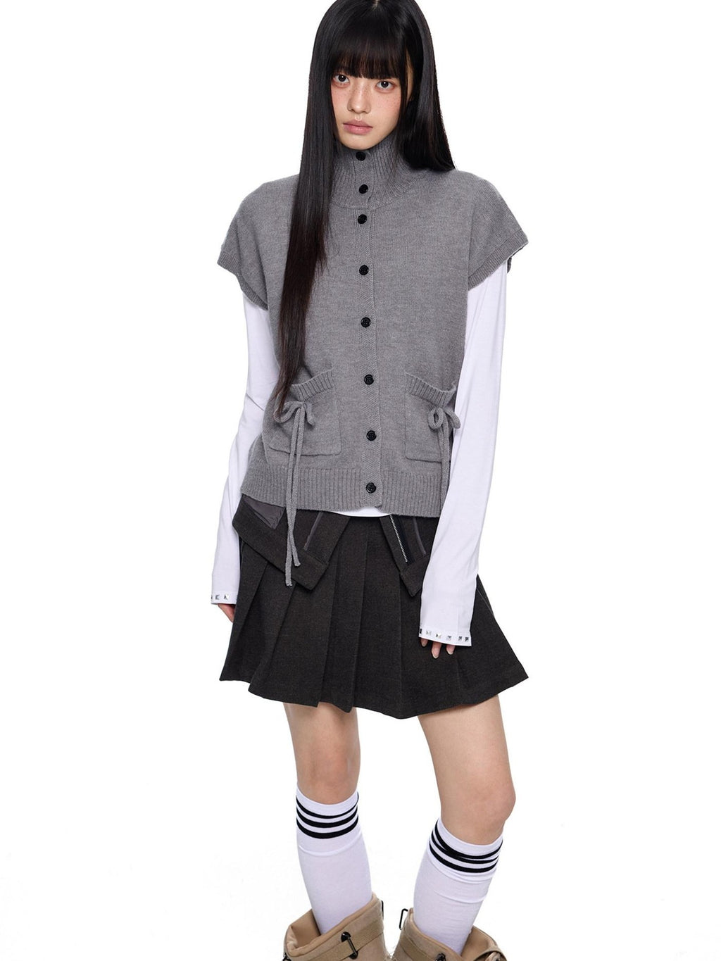 EZEK Chunky High Neck Layered Korean Women's Wool Blend Button-up Cardigans