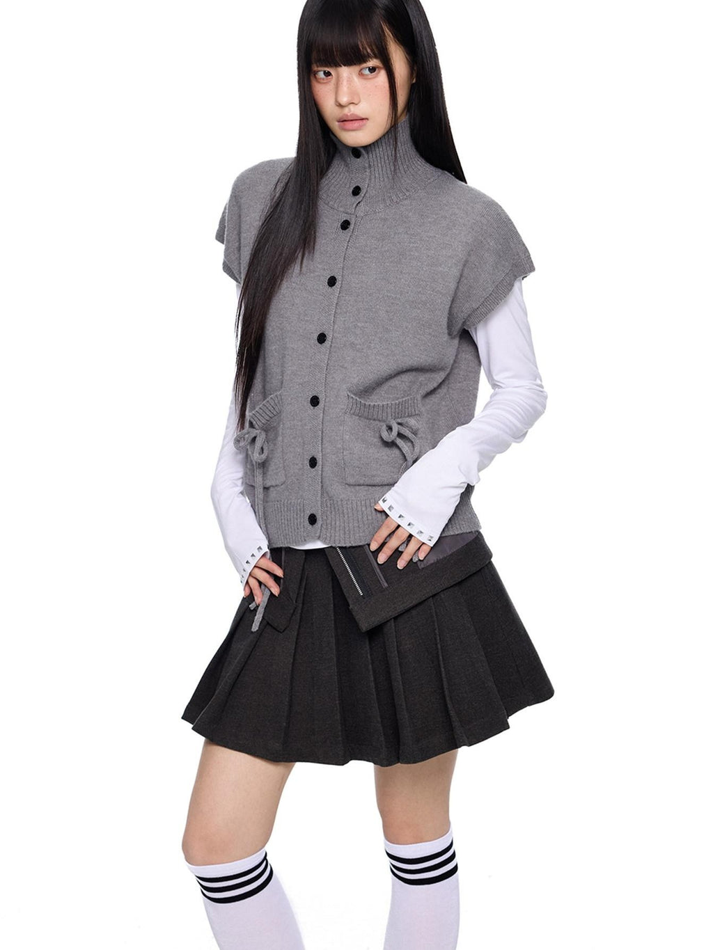 EZEK Chunky High Neck Layered Korean Women's Wool Blend Button-up Cardigans