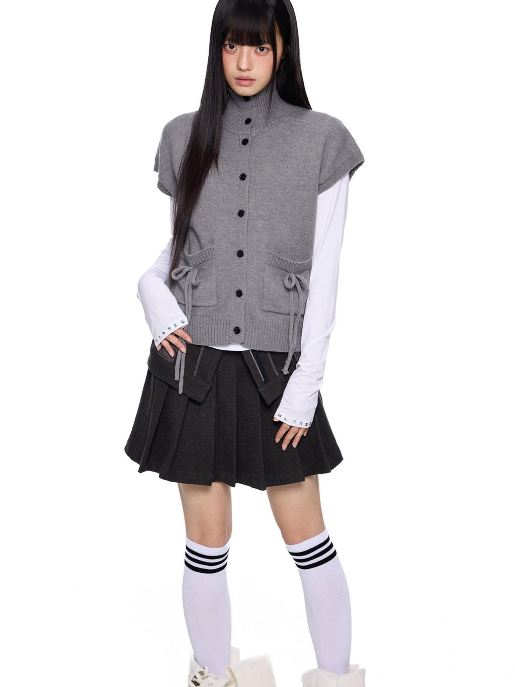 EZEK Chunky High Neck Layered Korean Women's Wool Blend Button-up Cardigans