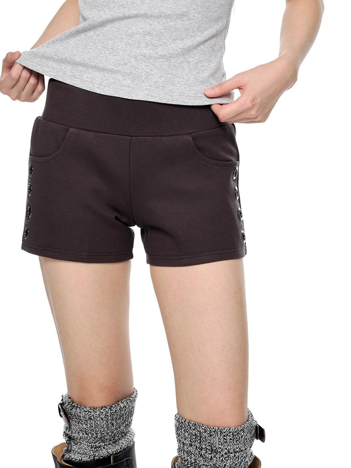 EZEK Coffee Slub Texture Slim Fit Pocket Elastic Waist Women's Cotton Low-rise Shorts