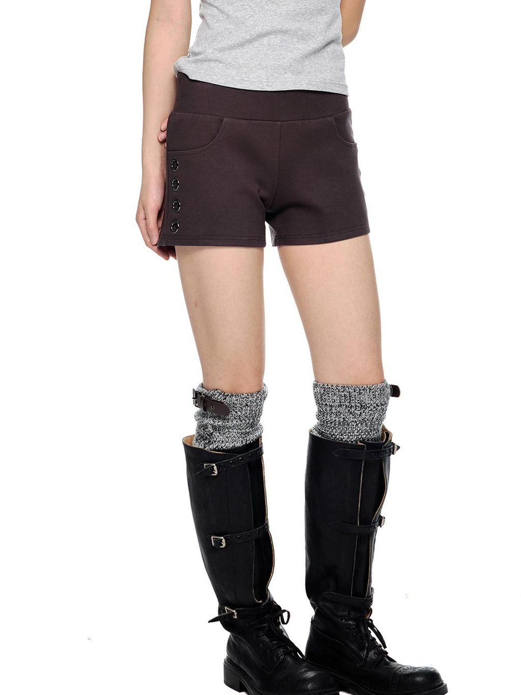 EZEK Coffee Slub Texture Slim Fit Pocket Elastic Waist Women's Cotton Low-rise Shorts