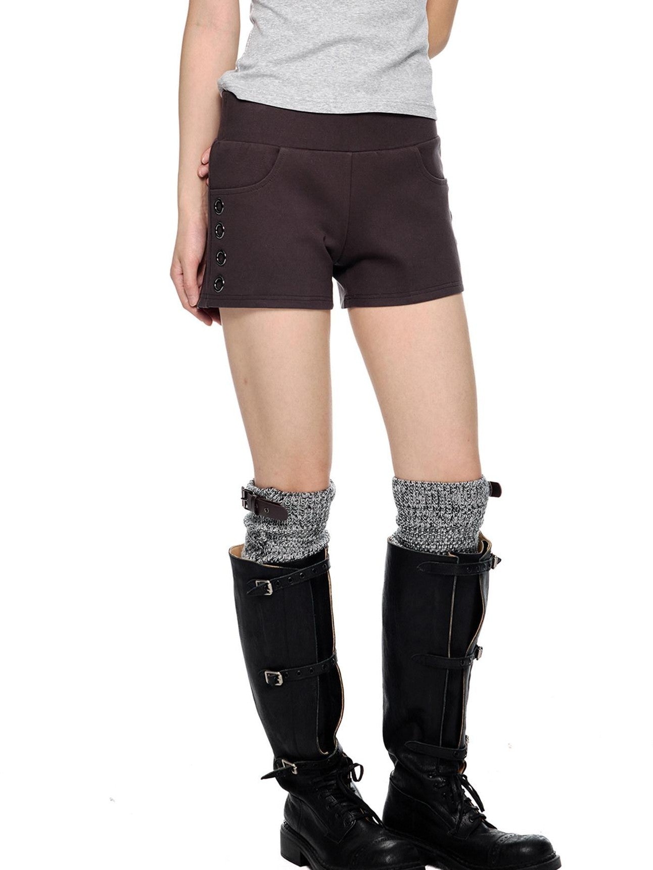 EZEK Coffee Slub Texture Slim Fit Pocket Elastic Waist Women's Cotton Low-rise Shorts