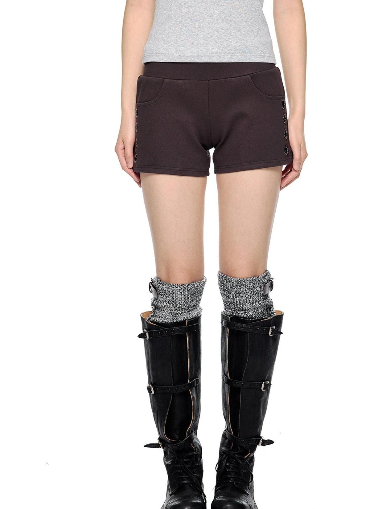 EZEK Coffee Slub Texture Slim Fit Pocket Elastic Waist Women's Cotton Low-rise Shorts