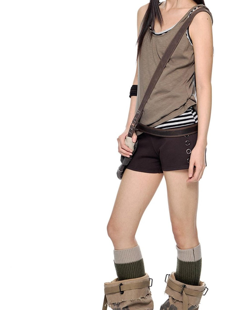 EZEK Coffee Slub Texture Slim Fit Pocket Elastic Waist Women's Cotton Low-rise Shorts