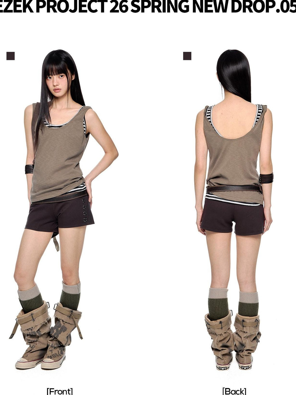 EZEK Coffee Slub Texture Slim Fit Pocket Elastic Waist Women's Cotton Low-rise Shorts