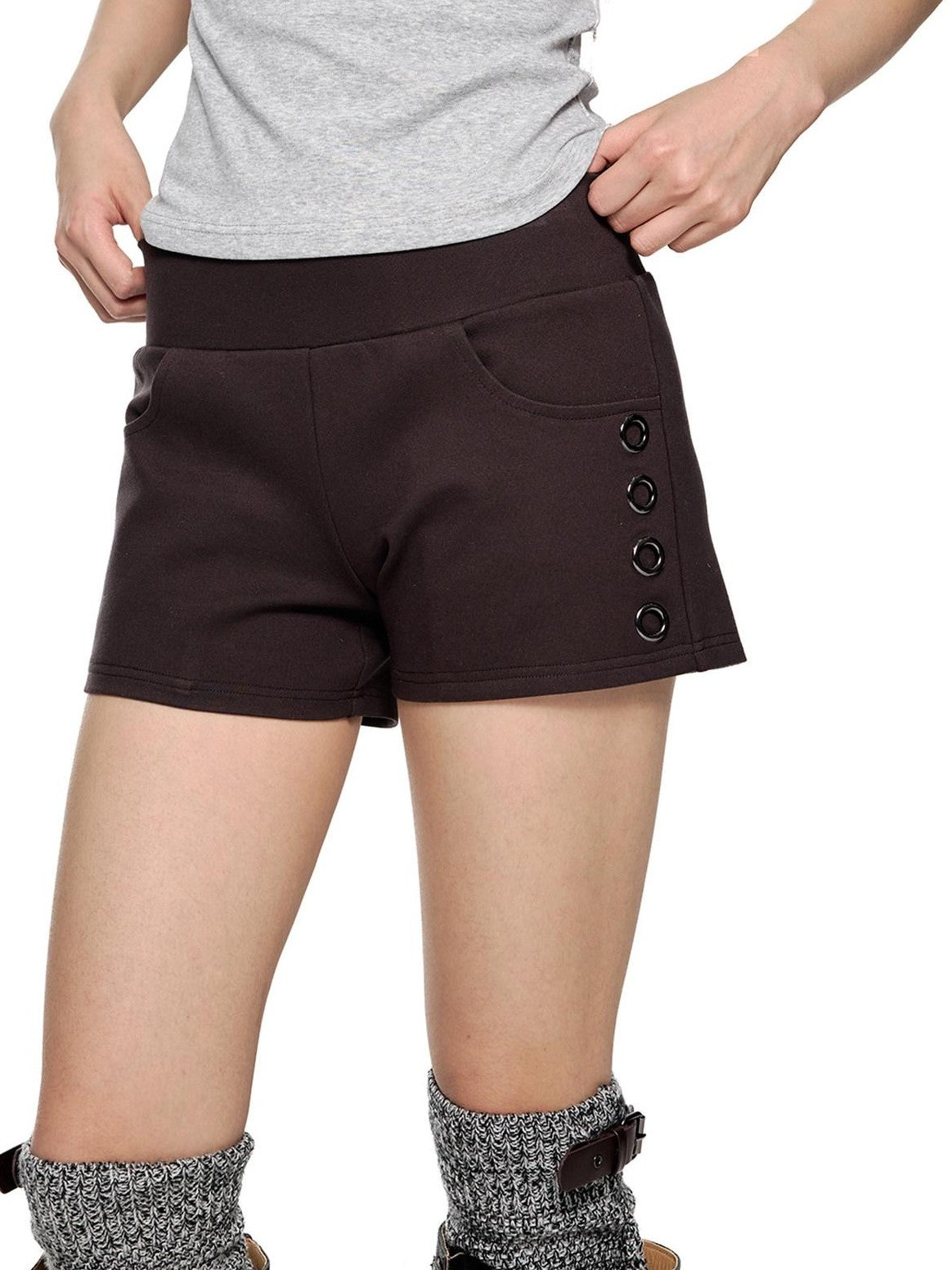 EZEK Coffee Slub Texture Slim Fit Pocket Elastic Waist Women's Cotton Low-rise Shorts