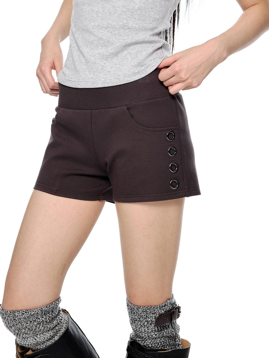 EZEK Coffee Slub Texture Slim Fit Pocket Elastic Waist Women's Cotton Low-rise Shorts