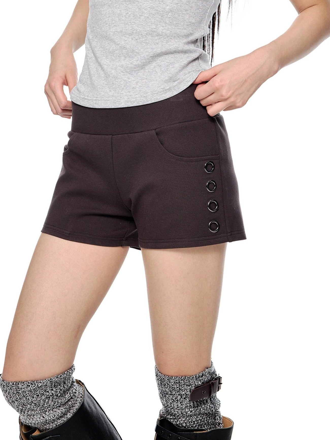 EZEK Coffee Slub Texture Slim Fit Pocket Elastic Waist Women's Cotton Low-rise Shorts