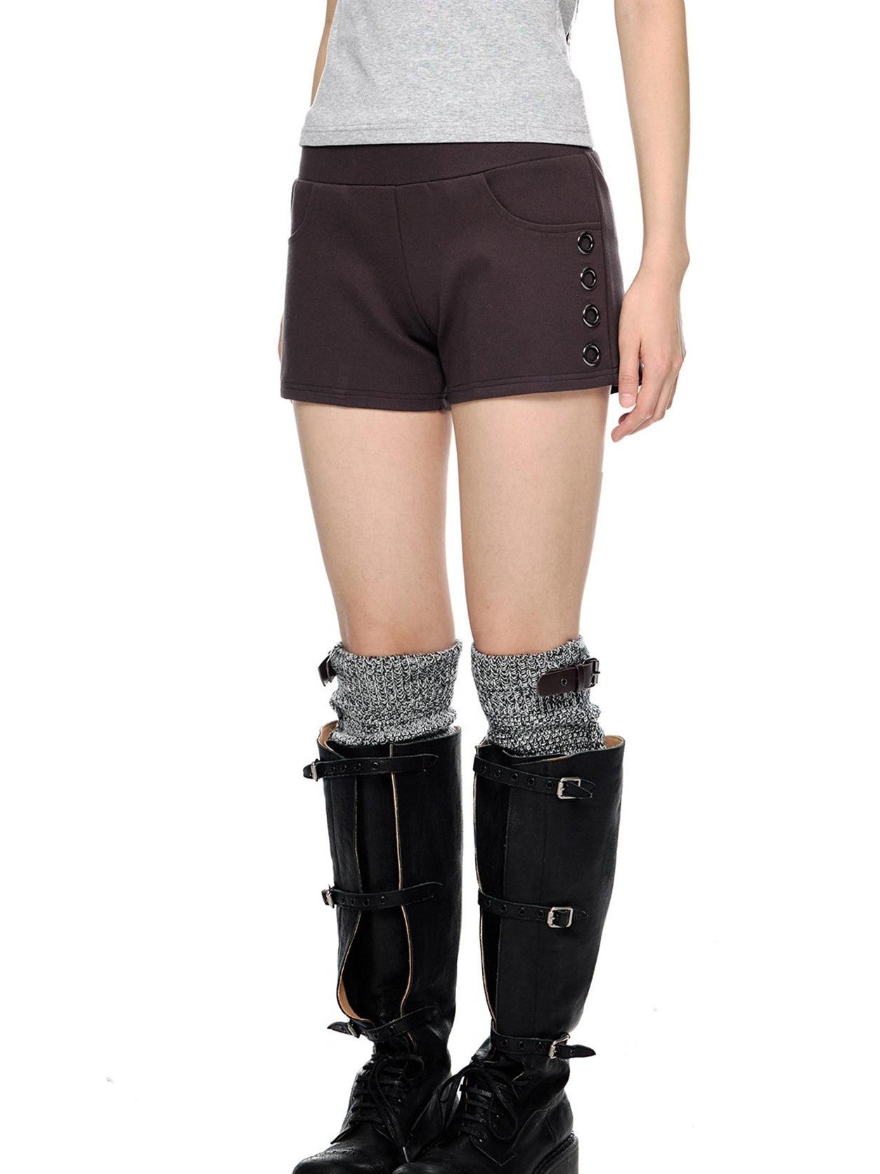 EZEK Coffee Slub Texture Slim Fit Pocket Elastic Waist Women's Cotton Low-rise Shorts