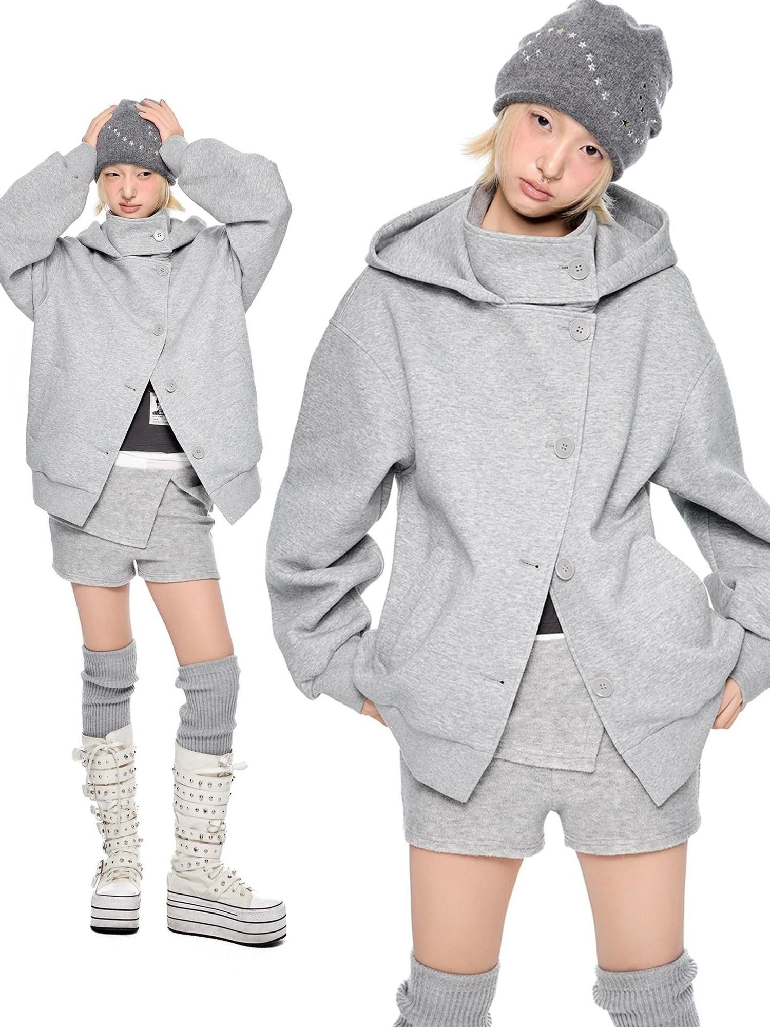 EZEK College Buttoned Hooded Short Single Breasted Women's Polyester Fleece Jackets