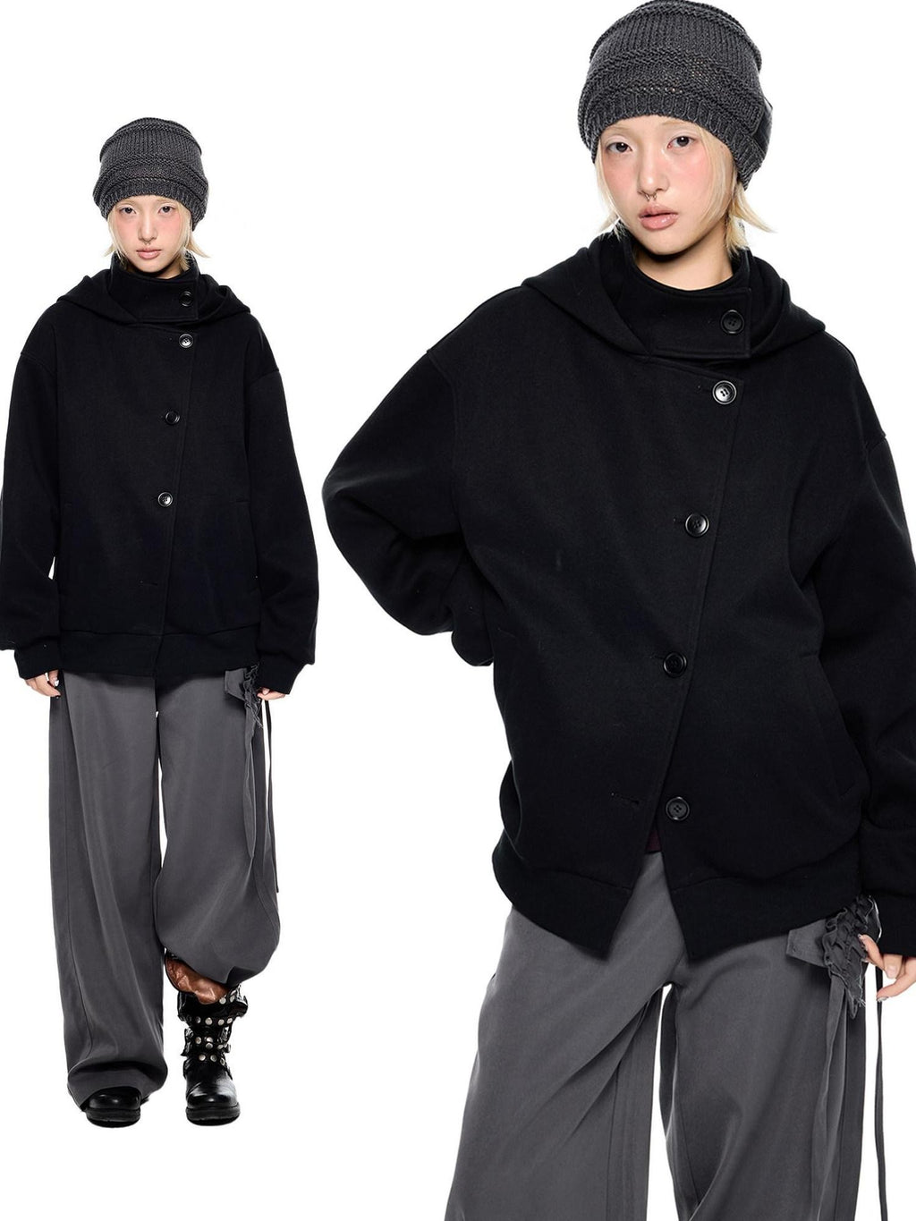 EZEK College Buttoned Hooded Short Single Breasted Women's Polyester Fleece Jackets