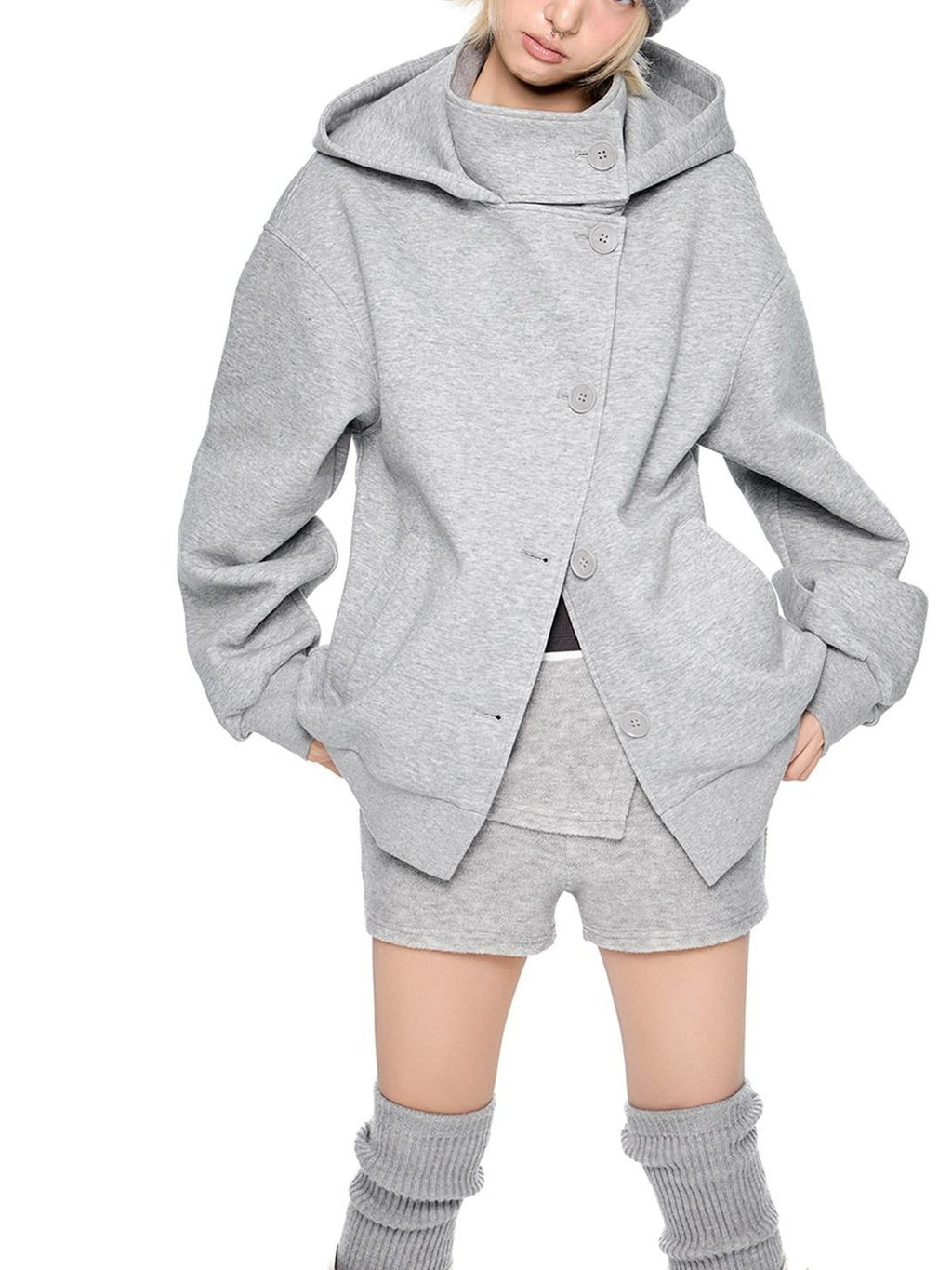 EZEK College Buttoned Hooded Short Single Breasted Women's Polyester Fleece Jackets