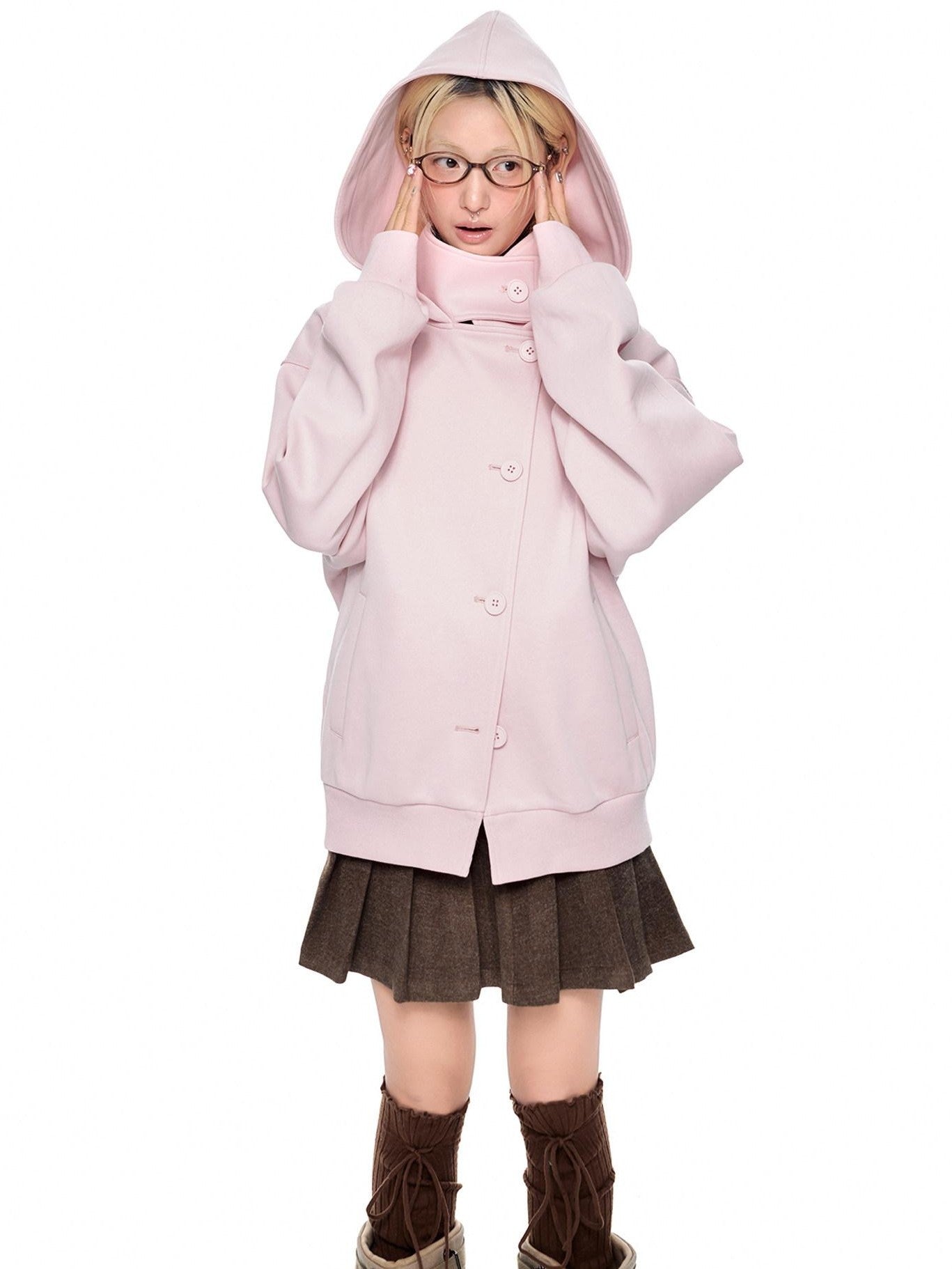 EZEK College Buttoned Hooded Short Single Breasted Women's Polyester Fleece Jackets