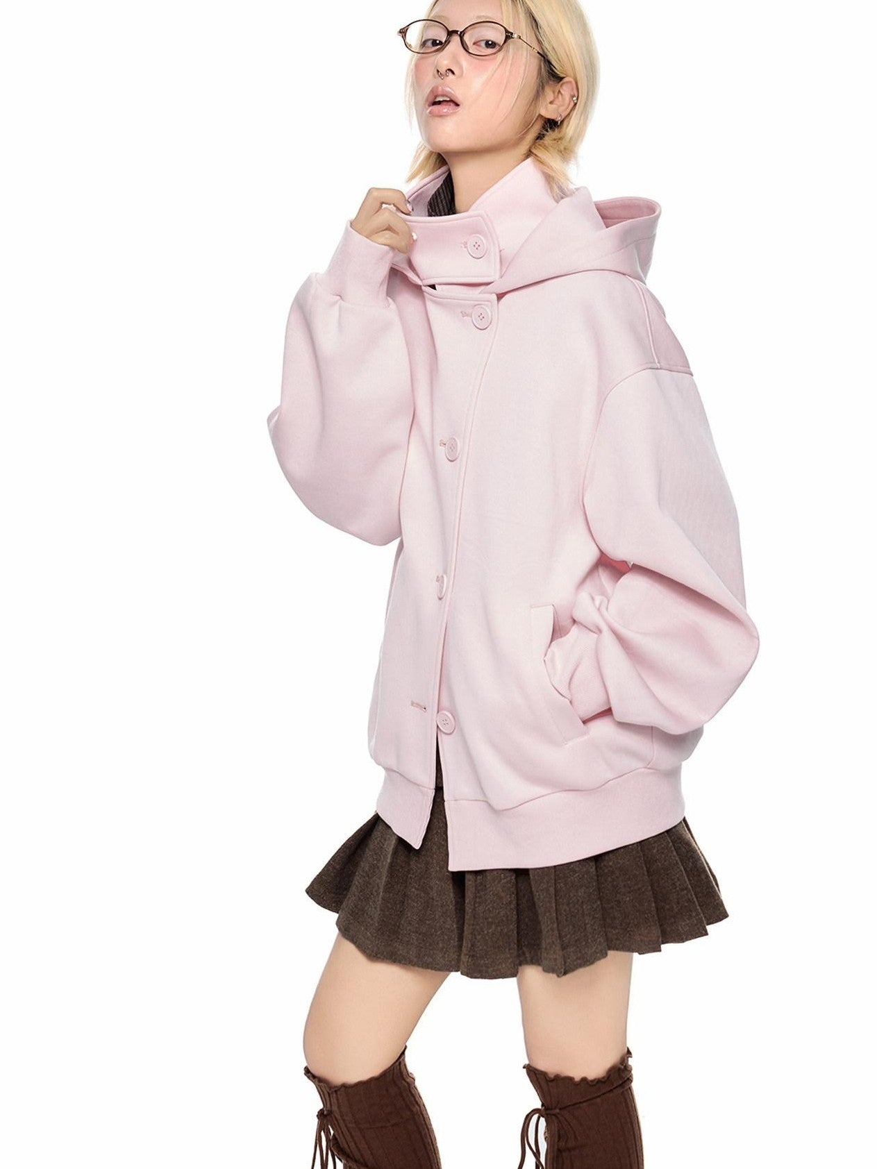 EZEK College Buttoned Hooded Short Single Breasted Women's Polyester Fleece Jackets