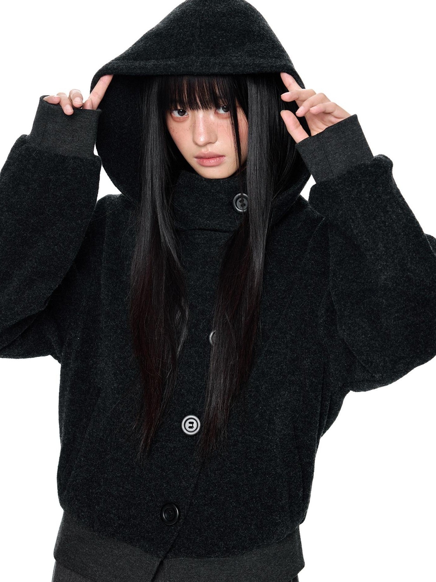EZEK College Style Hooded Button Short Retro Women's Wool Blend Varsity Jackets