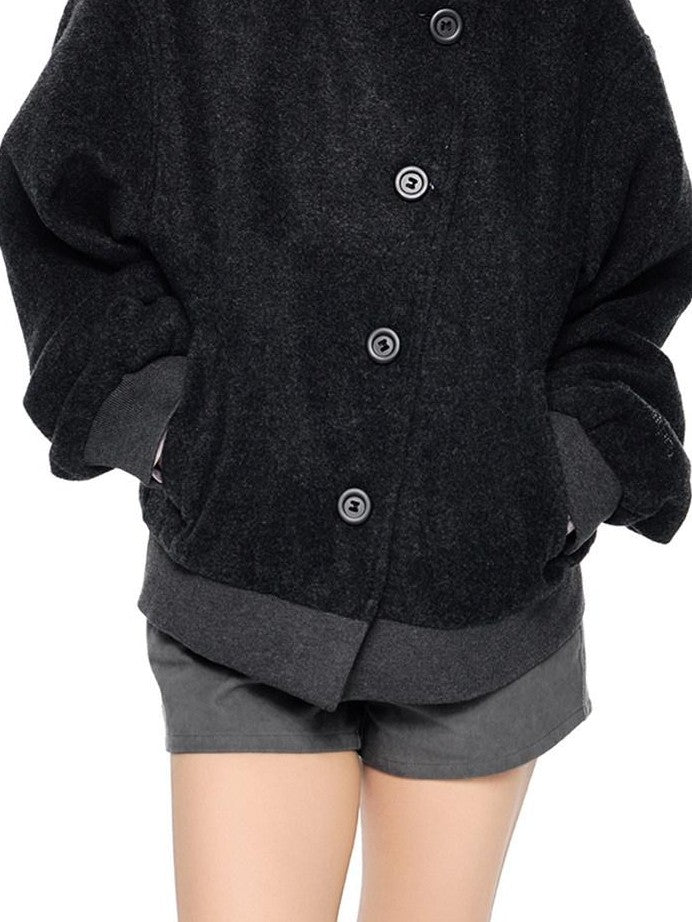 EZEK College Style Hooded Button Short Retro Women's Wool Blend Varsity Jackets