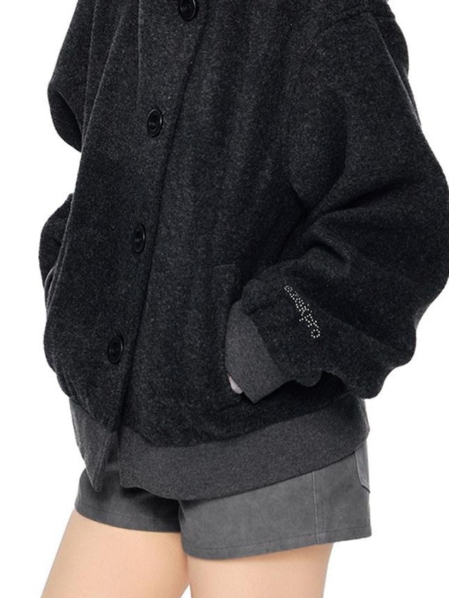 EZEK College Style Hooded Button Short Retro Women's Wool Blend Varsity Jackets
