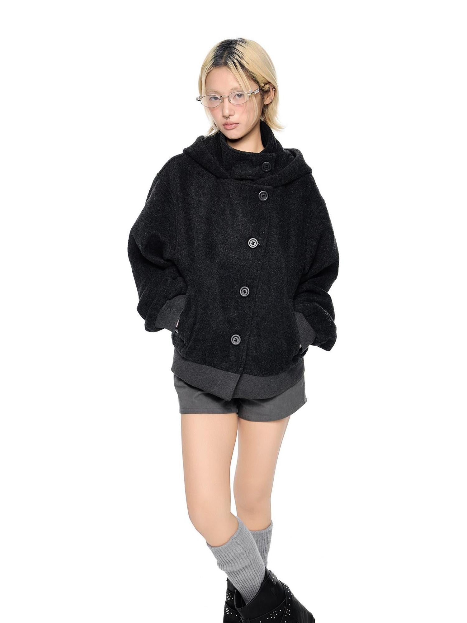 EZEK College Style Hooded Button Short Retro Women's Wool Blend Varsity Jackets