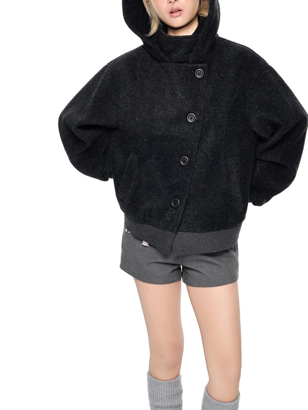 EZEK College Style Hooded Button Short Retro Women's Wool Blend Varsity Jackets