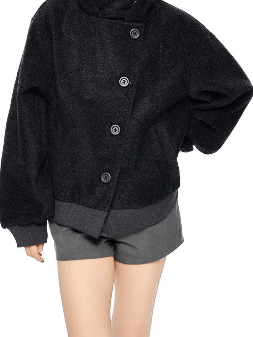 EZEK College Style Hooded Button Short Retro Women's Wool Blend Varsity Jackets