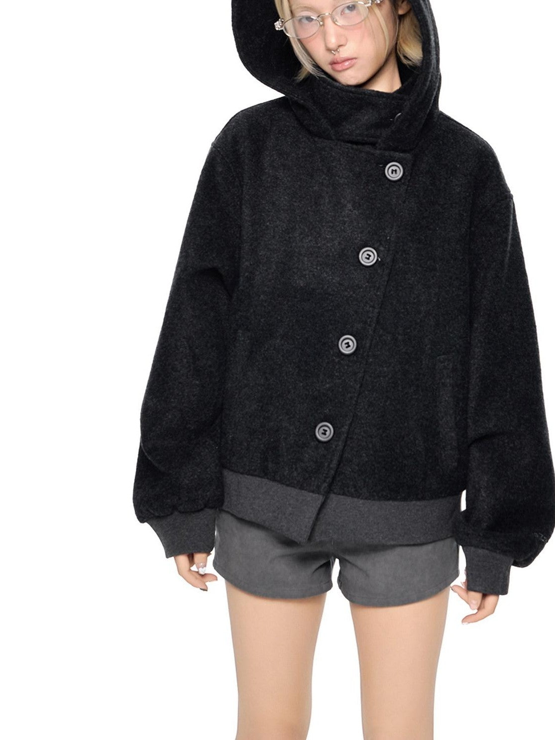 EZEK College Style Hooded Button Short Retro Women's Wool Blend Varsity Jackets