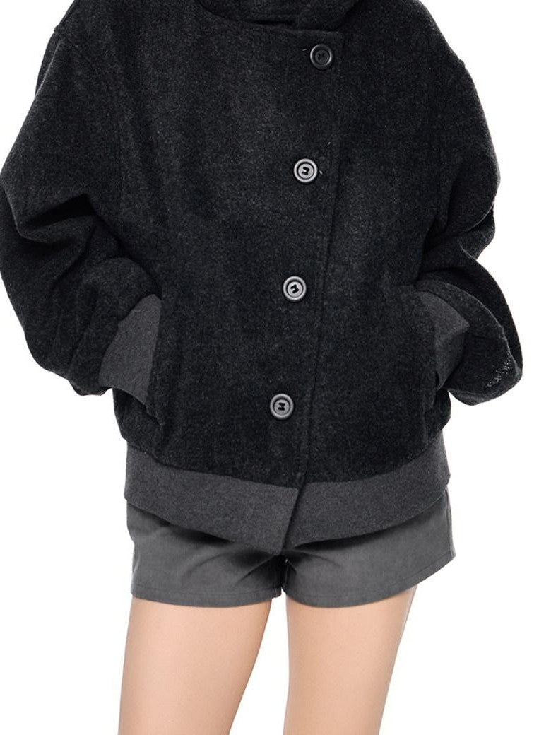 EZEK College Style Hooded Button Short Retro Women's Wool Blend Varsity Jackets