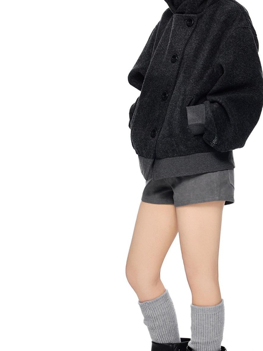 EZEK College Style Hooded Button Short Retro Women's Wool Blend Varsity Jackets