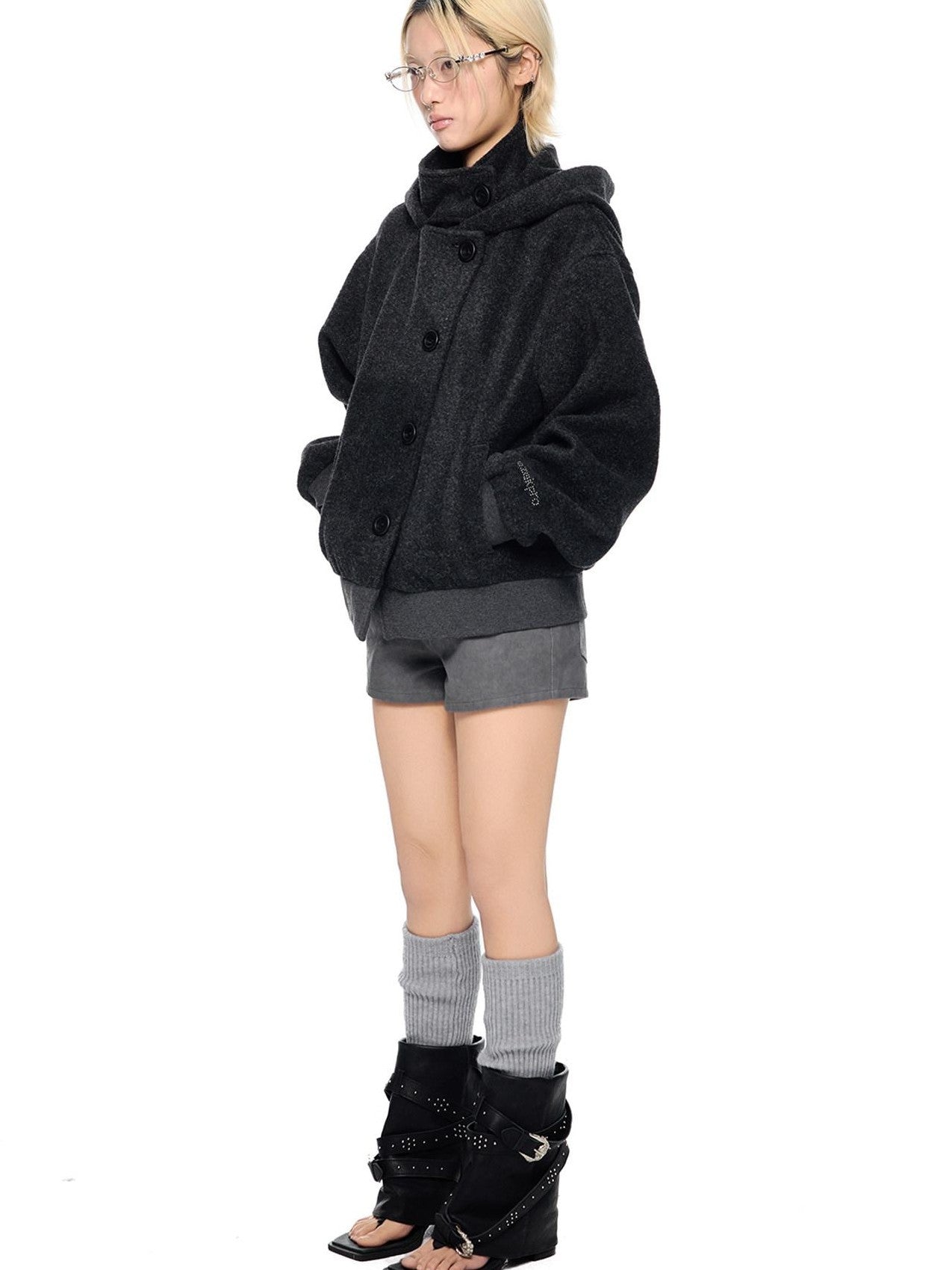 EZEK College Style Hooded Button Short Retro Women's Wool Blend Varsity Jackets