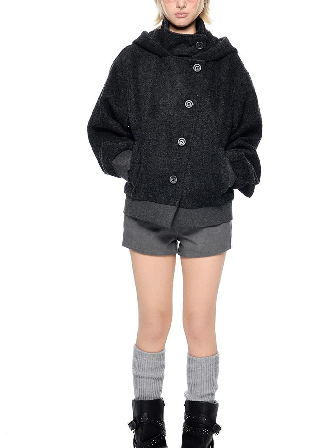 EZEK College Style Hooded Button Short Retro Women's Wool Blend Varsity Jackets