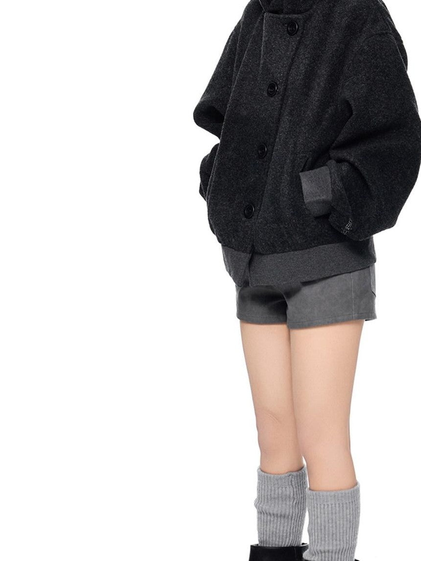 EZEK College Style Hooded Button Short Retro Women's Wool Blend Varsity Jackets