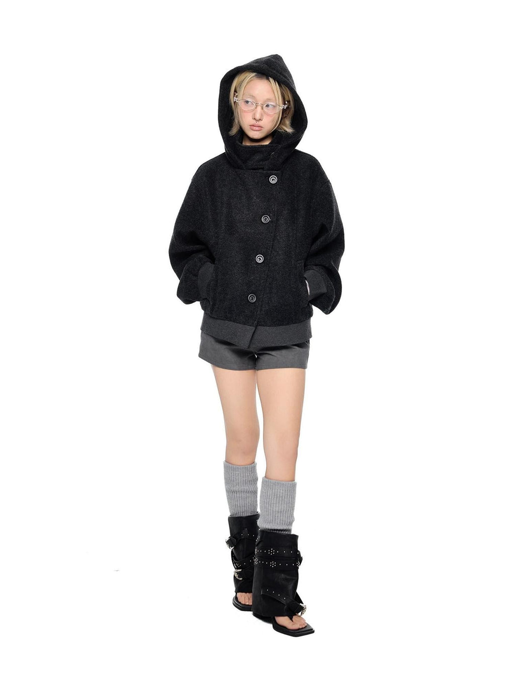EZEK College Style Hooded Button Short Retro Women's Wool Blend Varsity Jackets