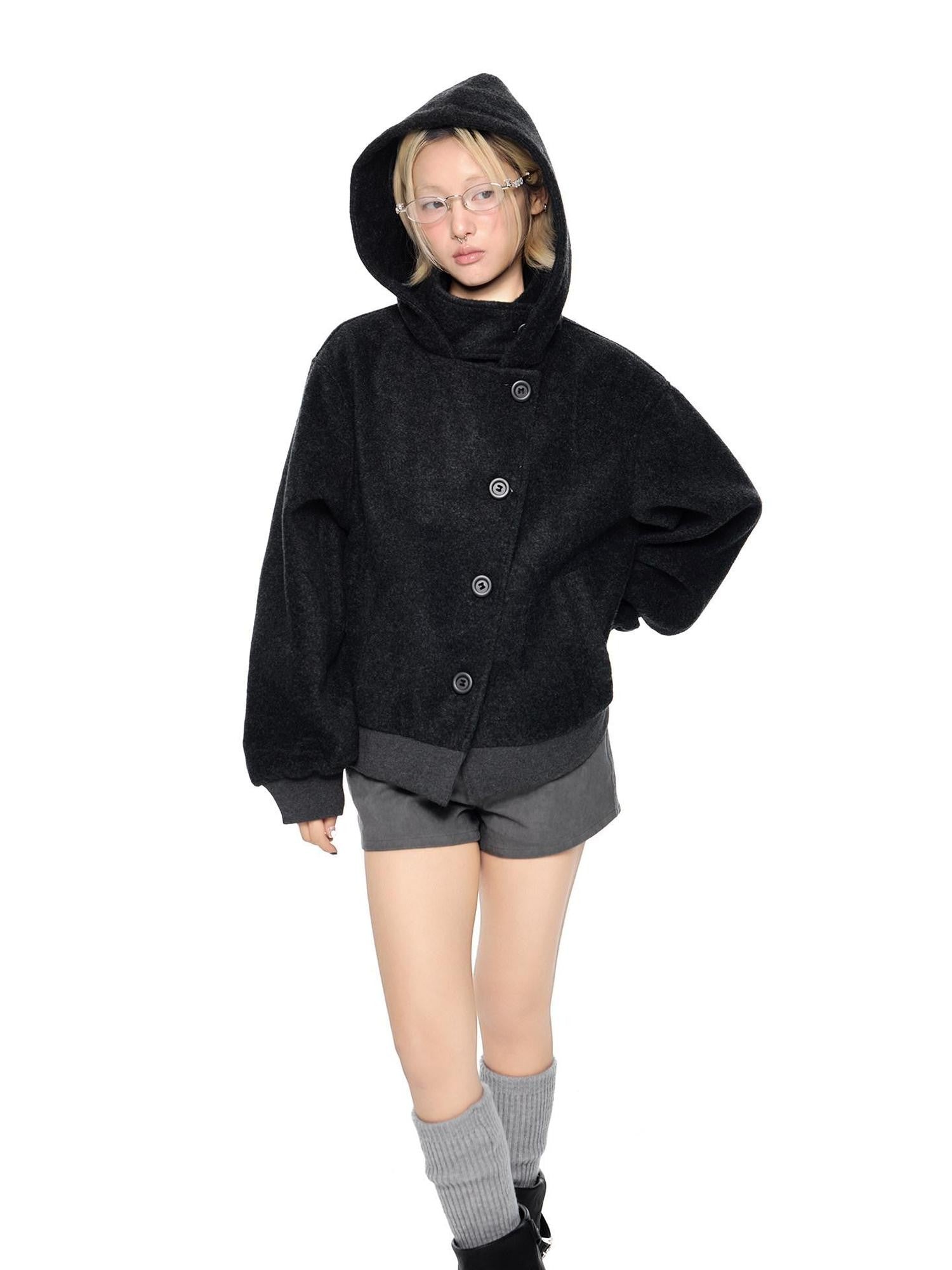 EZEK College Style Hooded Button Short Retro Women's Wool Blend Varsity Jackets