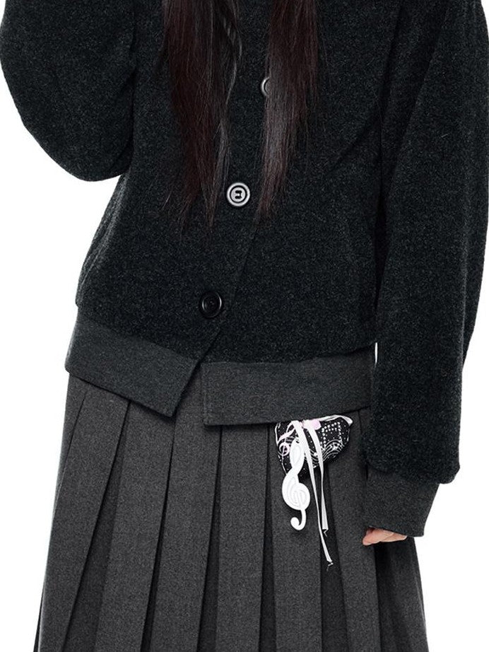 EZEK College Style Hooded Button Short Retro Women's Wool Blend Varsity Jackets