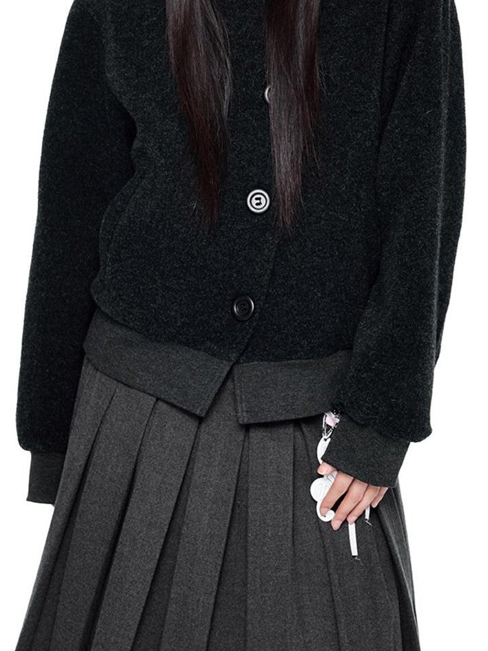 EZEK College Style Hooded Button Short Retro Women's Wool Blend Varsity Jackets