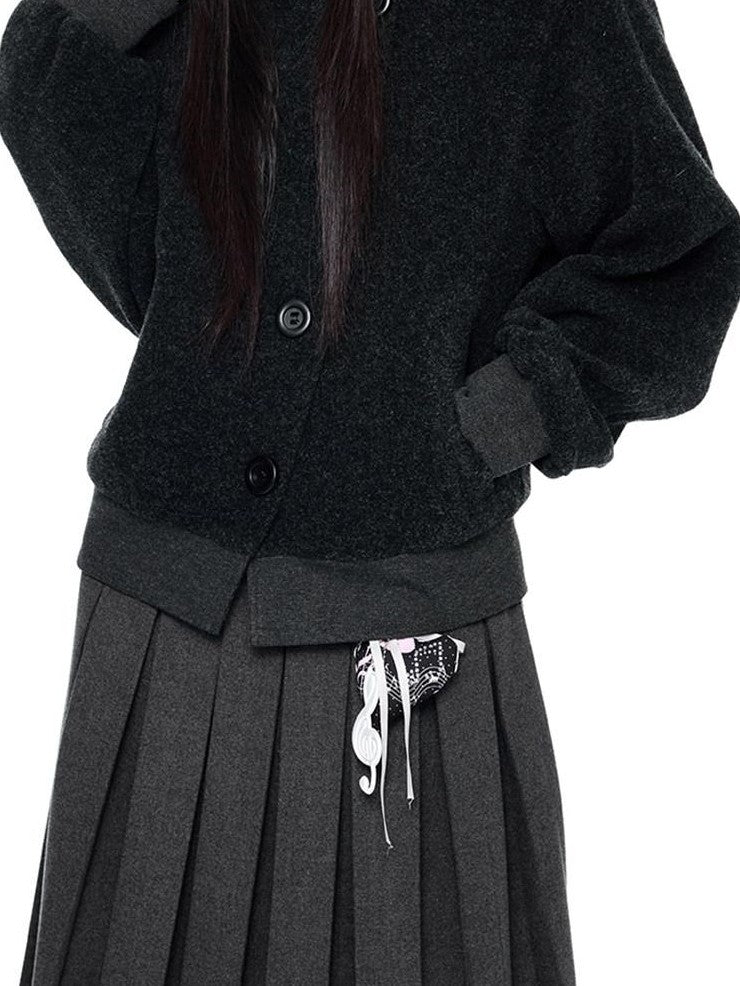 EZEK College Style Hooded Button Short Retro Women's Wool Blend Varsity Jackets