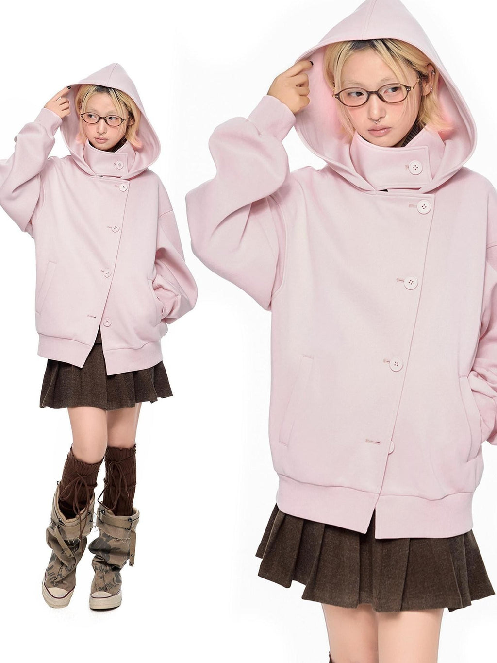 EZEK Collegiate Hooded Letter Print Button Front Women's Cotton Blend Zip-up Hoodies