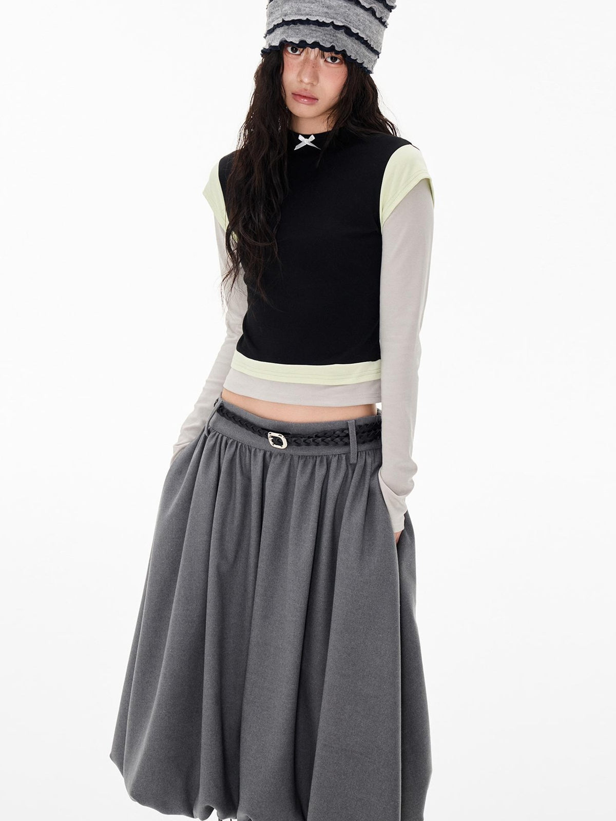 EZEK Color Block Bow Print Round Neck Women's Modal Slim Fit Long Sleeve T-shirts