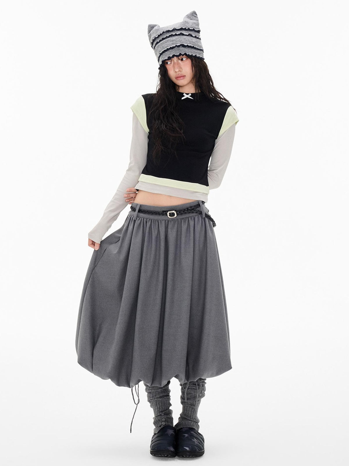 EZEK Color Block Bow Print Round Neck Women's Modal Slim Fit Long Sleeve T-shirts