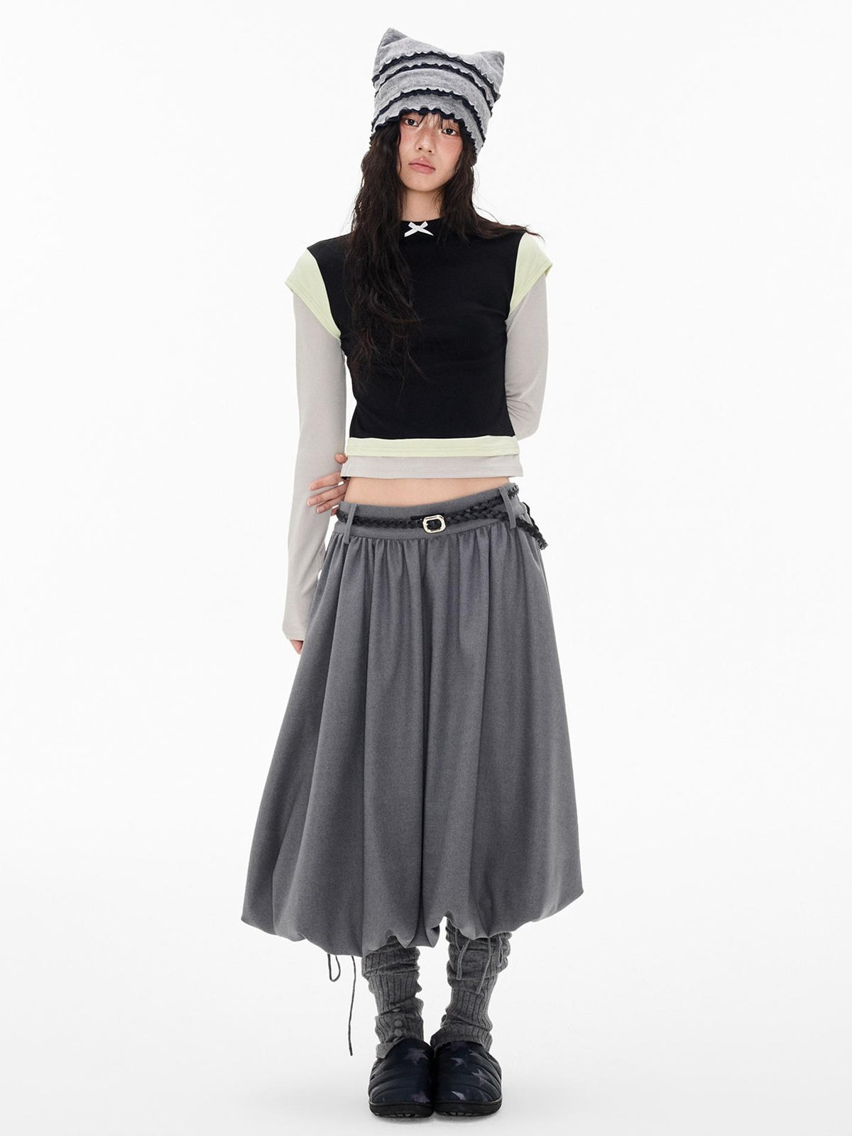 EZEK Color Block Bow Print Round Neck Women's Modal Slim Fit Long Sleeve T-shirts