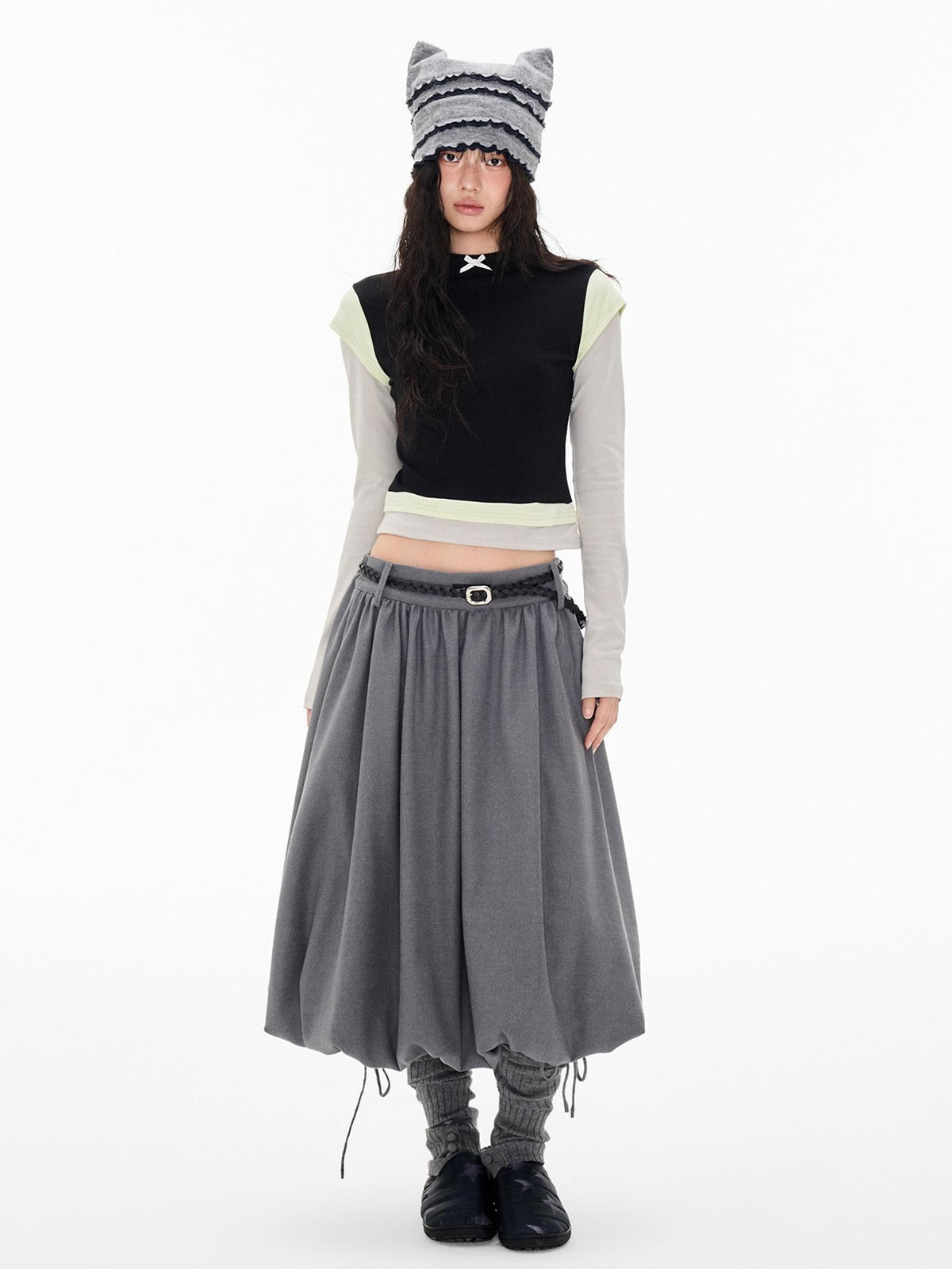 EZEK Color Block Bow Print Round Neck Women's Modal Slim Fit Long Sleeve T-shirts